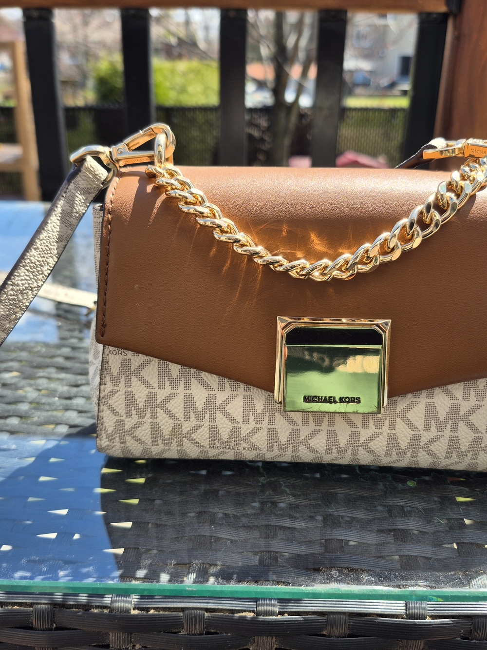 Michael Kors Brown and Beige MK Logo Chain Crossbody Bag